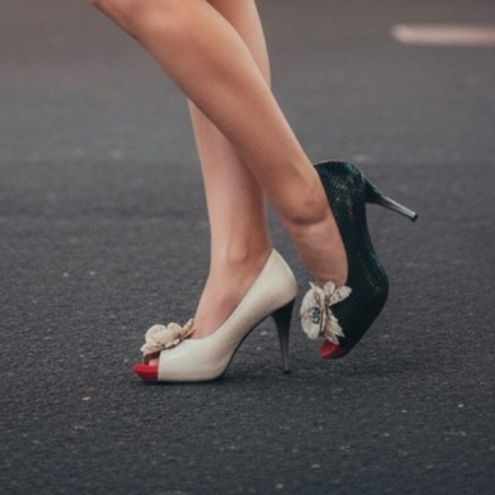 Poetic License Black and Cream Peep-Toe Heels with Floral Detail